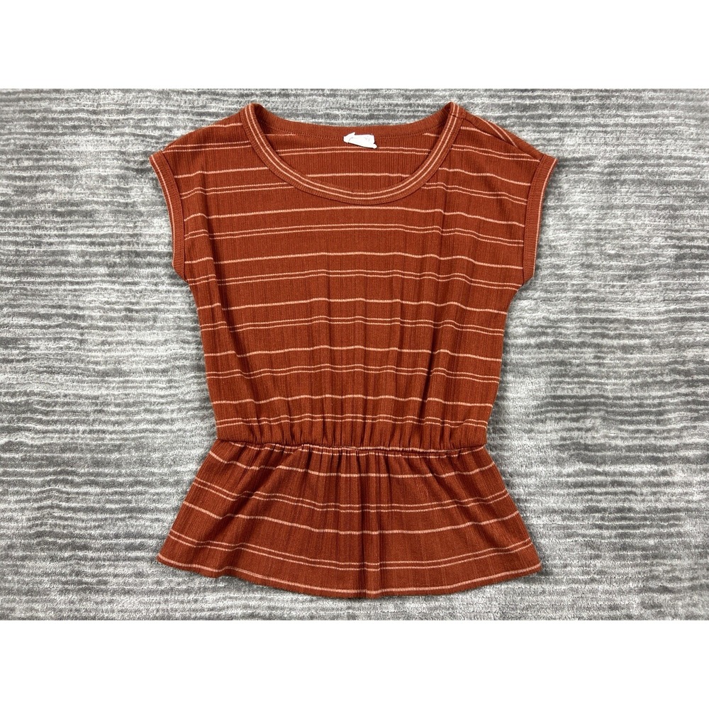 Sienna Sky Peplum Top Womens Medium Rust Brown Striped Cap Sleeve Ribbed Knit